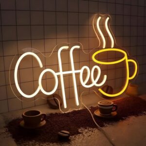 Coffee cup LED neon sign with warm white lettering and yellow coffee mug design for café wall decoration