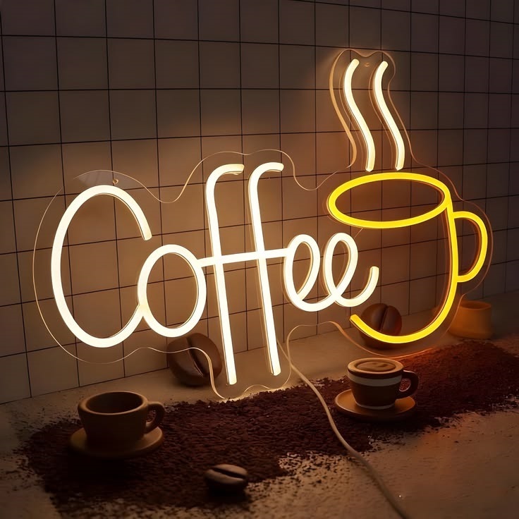 Coffee cup LED neon sign with warm white lettering and yellow coffee mug design for café wall decoration