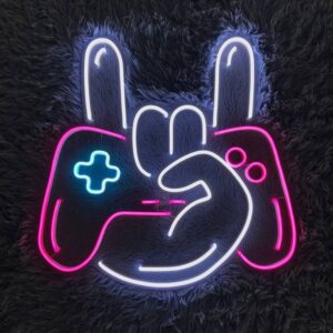 Game controller LED neon sign with pink, white and blue lighting for gaming room wall decoration