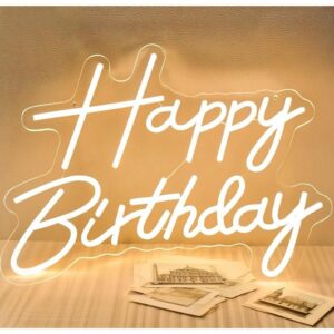 Happy Birthday warm white LED neon sign mounted on greenery wall backdrop for birthday party decoration
