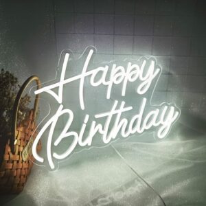 Happy Birthday White LED Neon Sign on luxury flower wall backdrop for birthday party decoration