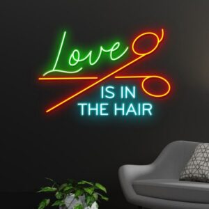 Love Is In The Hair LED neon sign with colorful scissor design for hair salon wall decoration