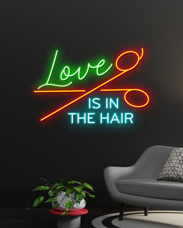 Love Is In The Hair LED neon sign with colorful scissor design for hair salon wall decoration