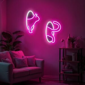 Peeking cat LED neon sign with pink and white lighting mounted on living room wall