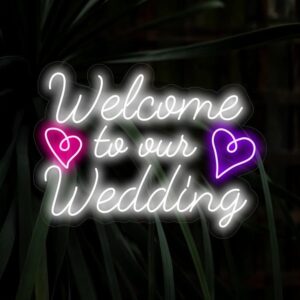 Welcome to Our Wedding LED neon sign with white lettering and colorful heart design for wedding entrance decoration